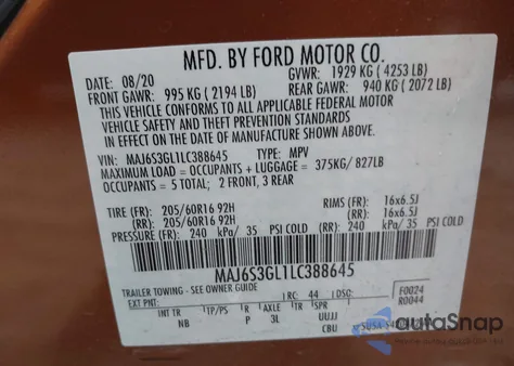 2020 Ford Ecosport Se из США, поврежденный, VIN MAJ6S3GL1LC388645